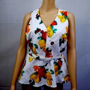 Eva Mendes White Fruit Art V-neck Top